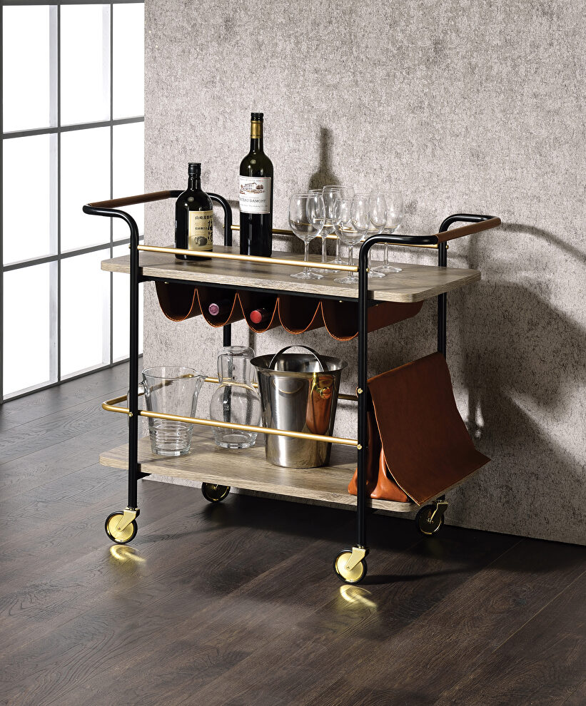 Natural 2 tier shelf and  black/gold finish base serving cart by Acme