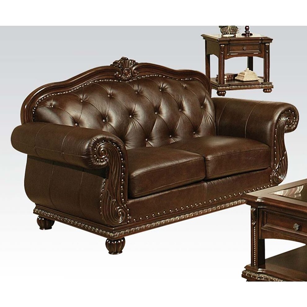 Top grain brown leather tufted back loveseat by Acme