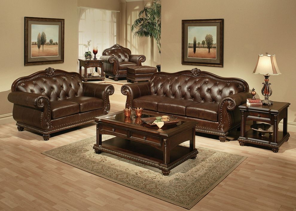 Top grain brown leather tufted back sofa by Acme