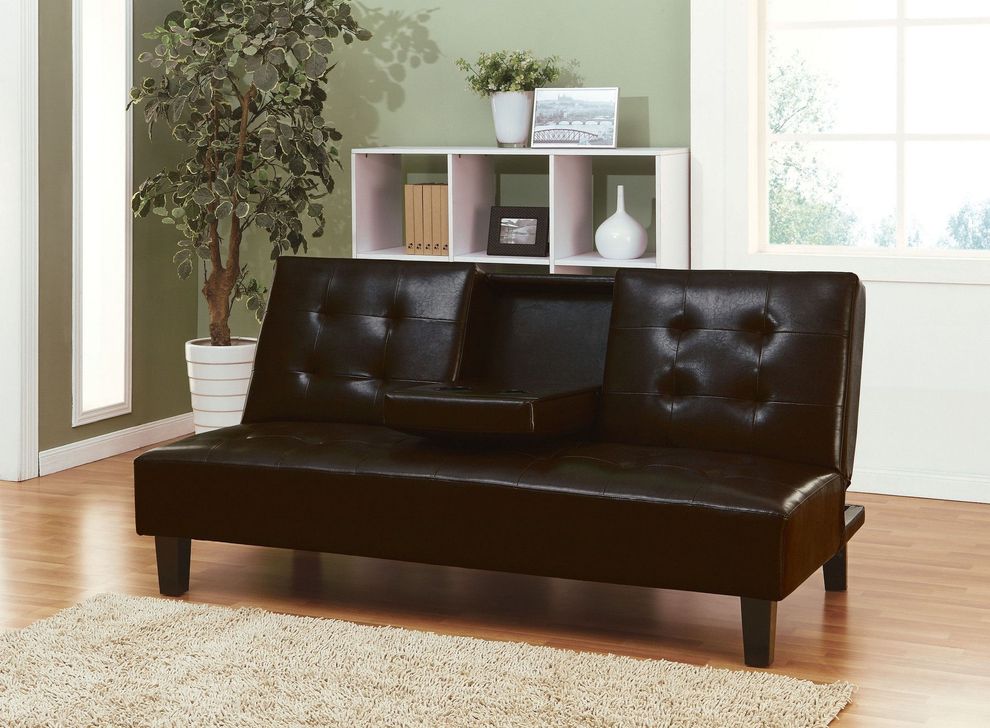 Dark brown leatherette sofa bed w/ cup holders by Acme
