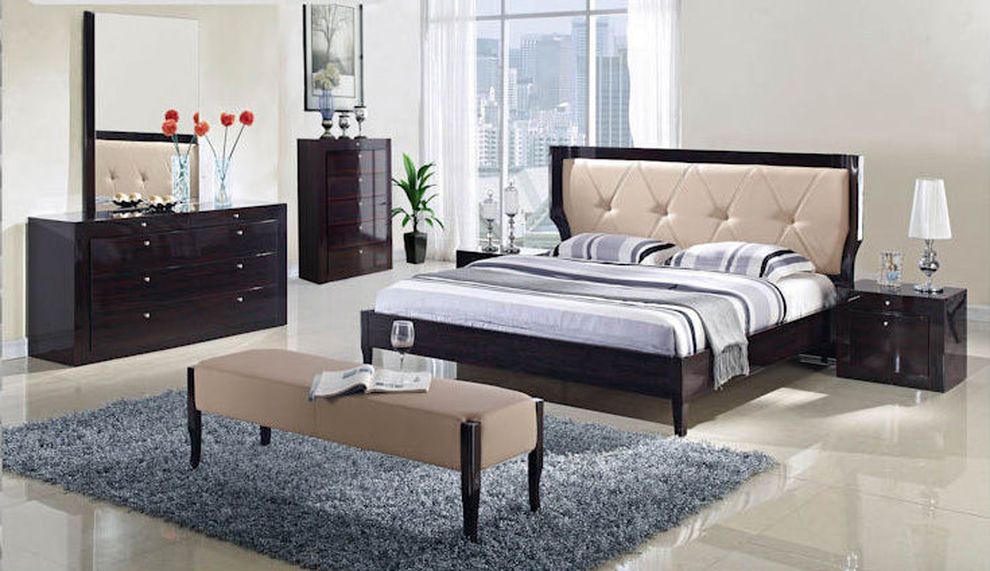 Ultra-modern platform queen bed w/ beige headboard by At Home USA