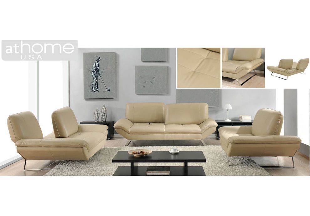 Genuine leather ultra-modern low-profile beige sofa by At Home USA