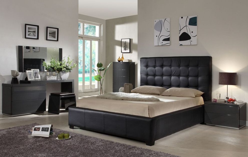 Modern black leather king bed w/ storage by At Home USA