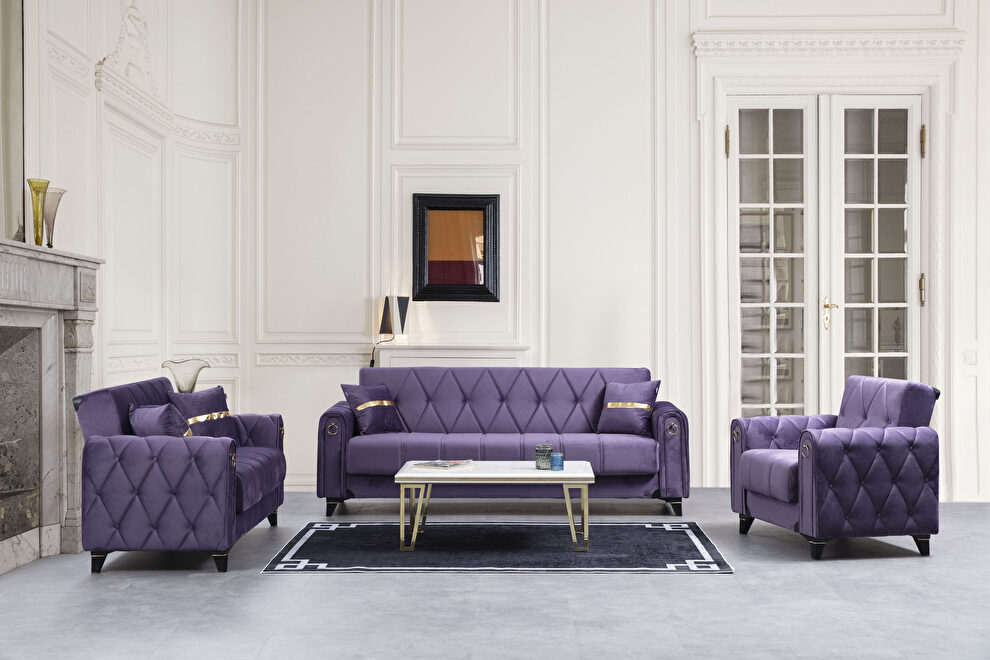 Purple velvet storage / sleeper sofa with golden details by Alpha