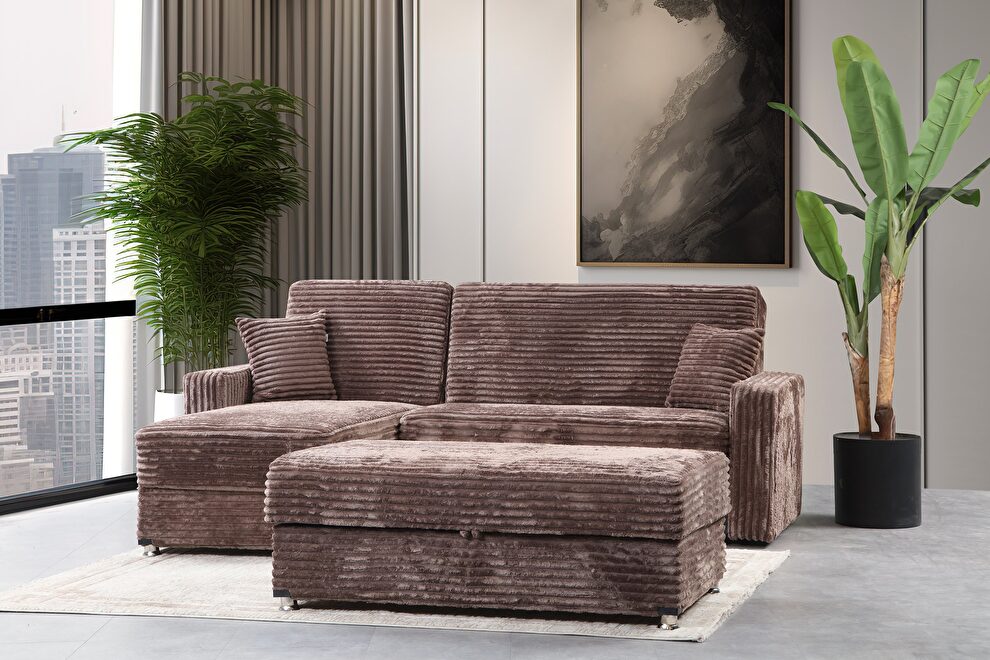 Corduroy fabric reversible sectional sofa in brown by Alpha