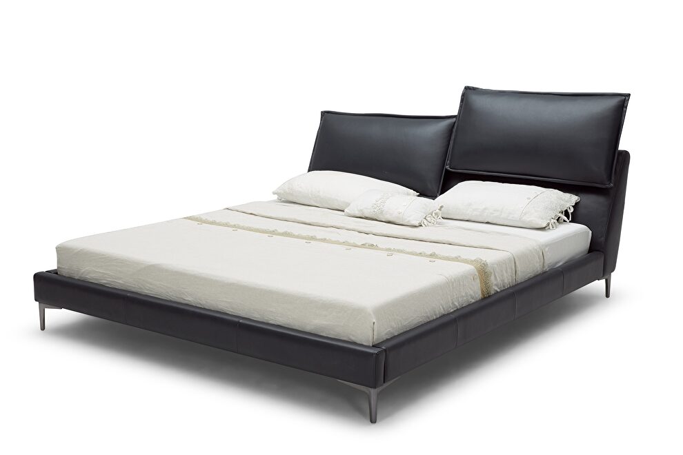 Black leather low-profile stylish contemporary bed by Beverly Hills