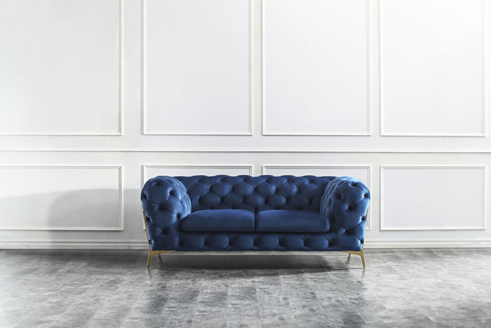 Blue fabric glam style loveseat w/ gold legs by Beverly Hills