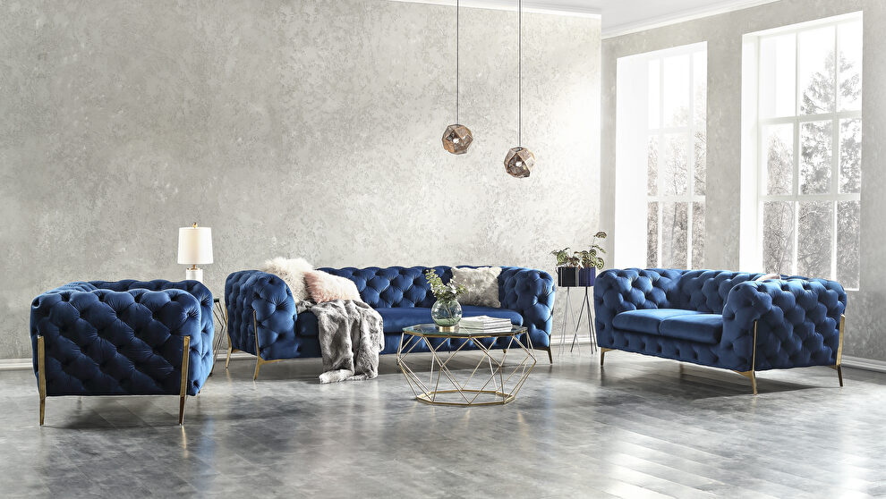 Blue fabric glam style sofa w/ gold legs by Beverly Hills