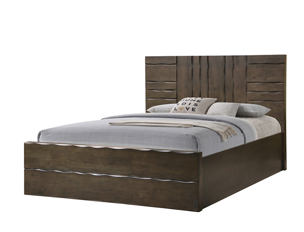 Dark gray / teak exceptional stylish platform king bed by Beverly Hills