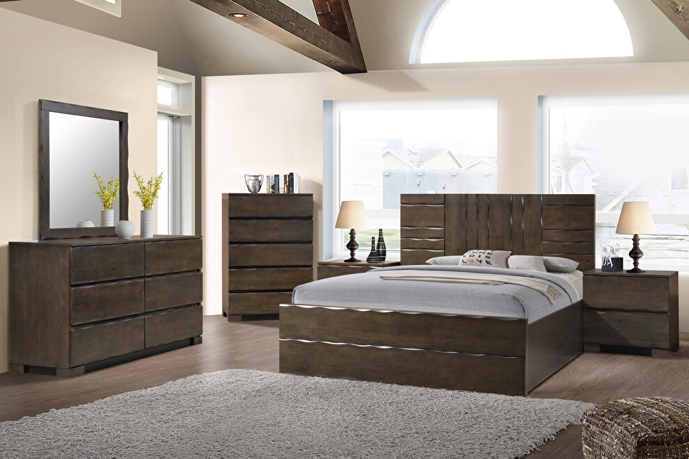 Dark gray / teak exceptional stylish platform bed by Beverly Hills