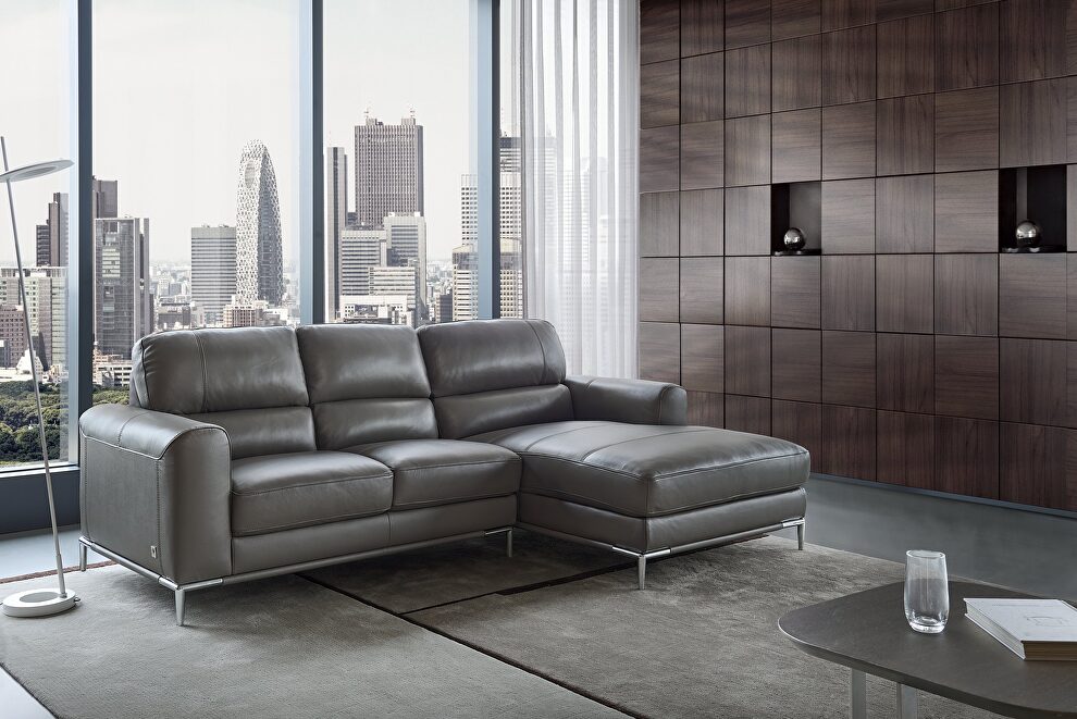 Modern top grain dark gray right-facing leather sectional sofa by Beverly Hills