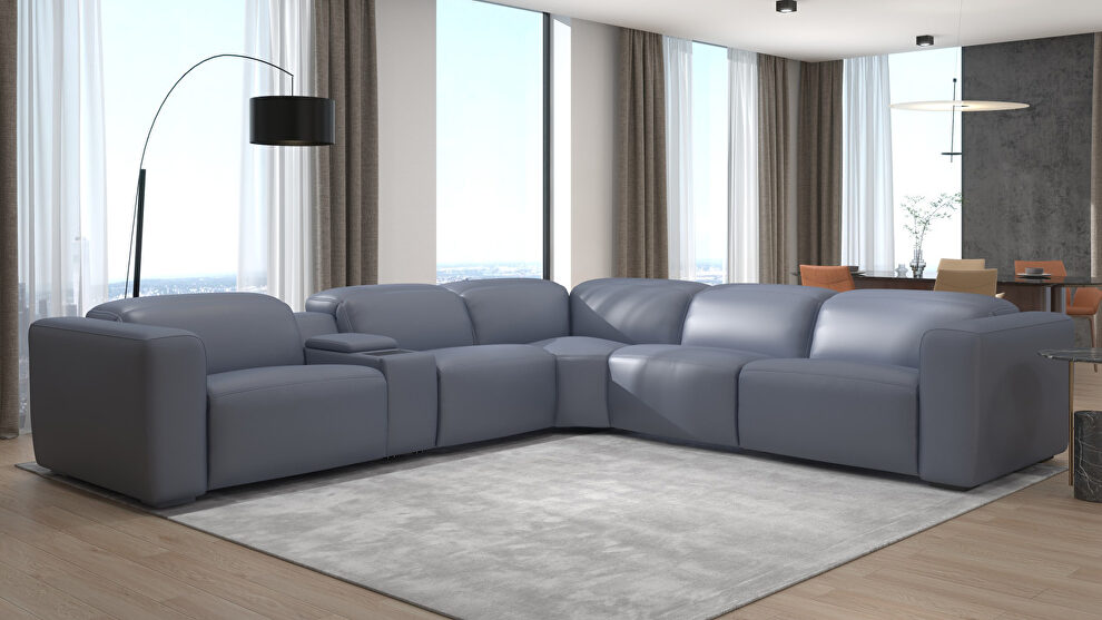 Slate blue full leather sectional w/ power recliners by Beverly Hills