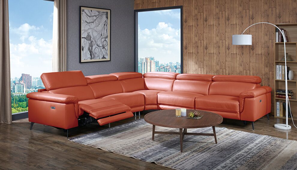 Orange full leather recliner sectional sofa by Beverly Hills