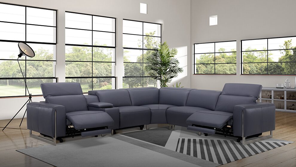 Slate gray leather recliner sectional w/ power recliners by Beverly Hills