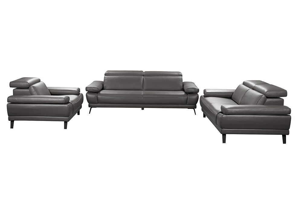 Slate gray leather sofa w/ adjustable headrests by Beverly Hills