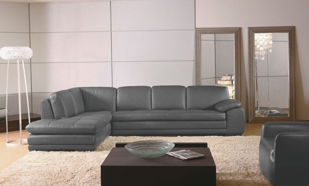 Left-facing gray leather low-profile modern sectional by Beverly Hills