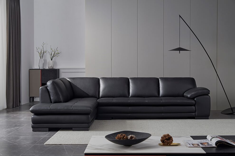 Left-facing black leather low-profile contemporary sectional by Beverly Hills