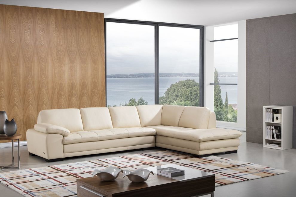 Right-facing beige leather low-profile contemporary sectional by Beverly Hills