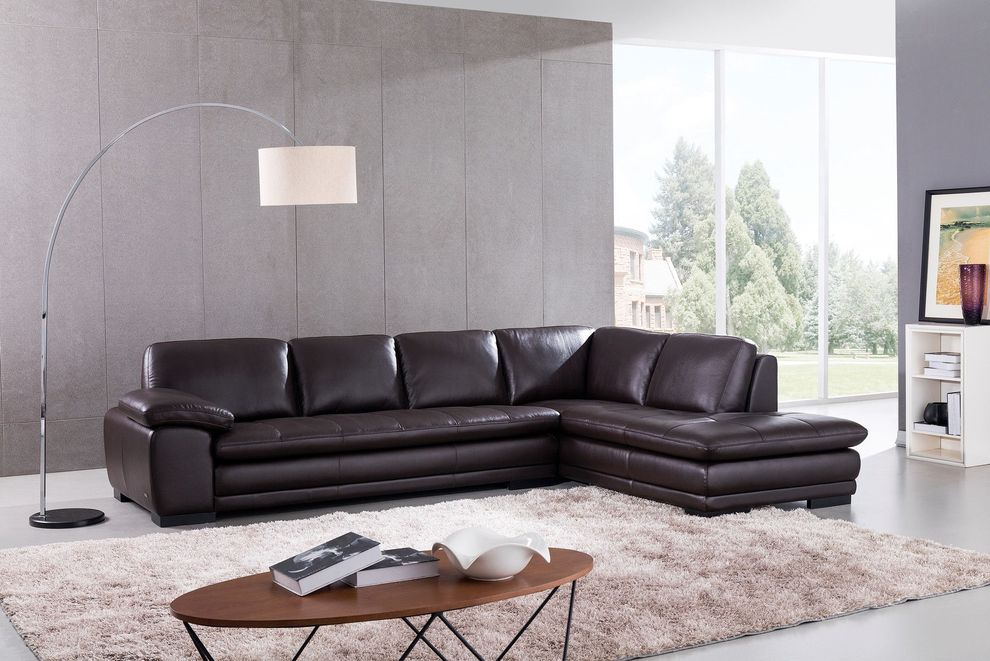 Right-facing brown leather low-profile modern sectional by Beverly Hills