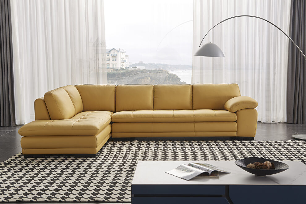 Left-facing yellow leather low-profile contemporary sectional by Beverly Hills
