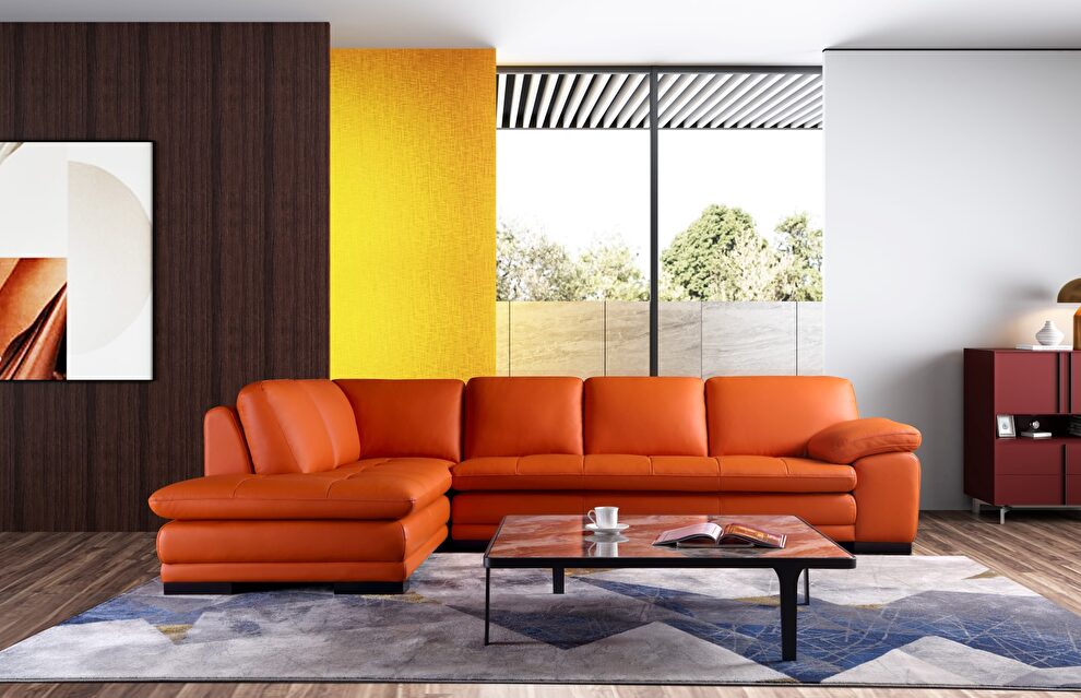 Left-facing orange leather low-profile contemporary sectional by Beverly Hills