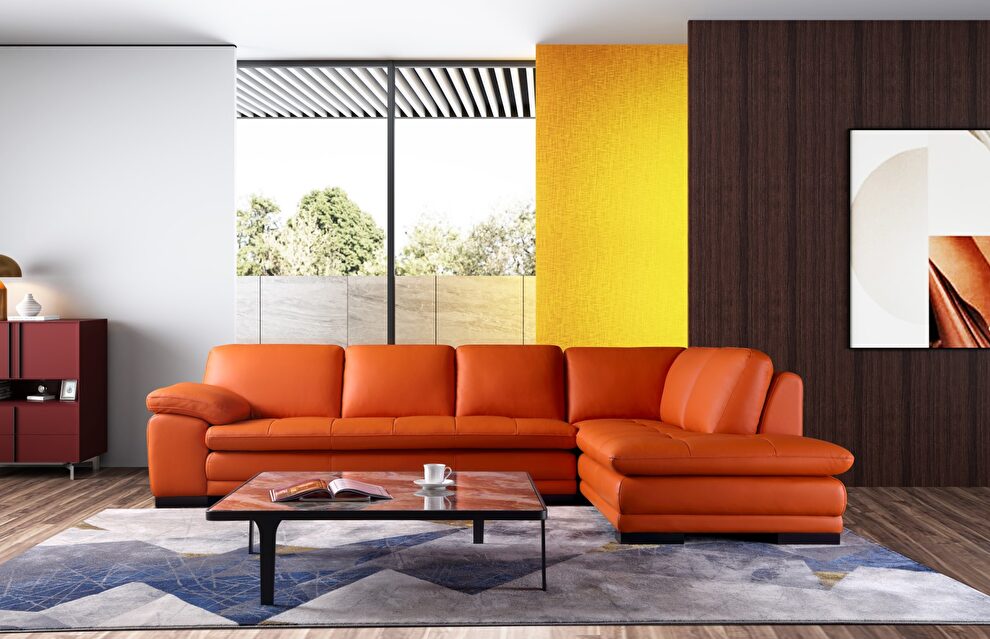 Right-facing orange leather low-profile modern sectional by Beverly Hills