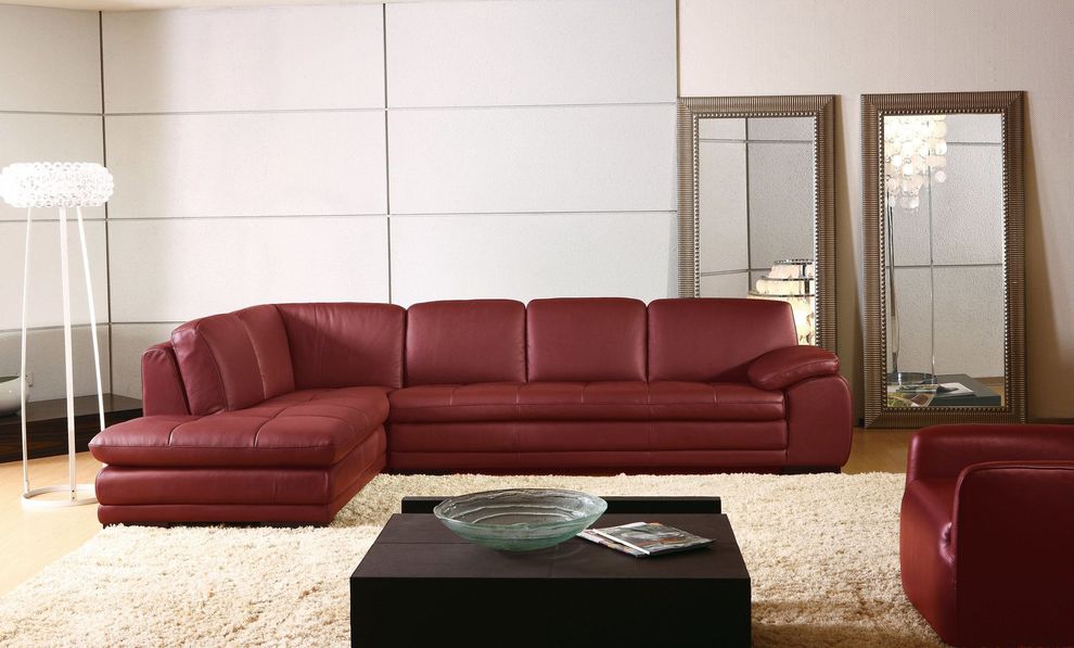 Left-facing red leather low-profile contemporary sectional by Beverly Hills