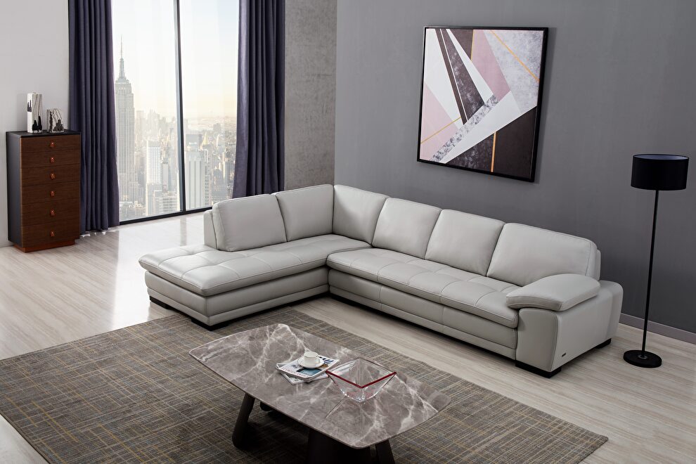 Left-facing gray leather low-profile contemporary sectional by Beverly Hills