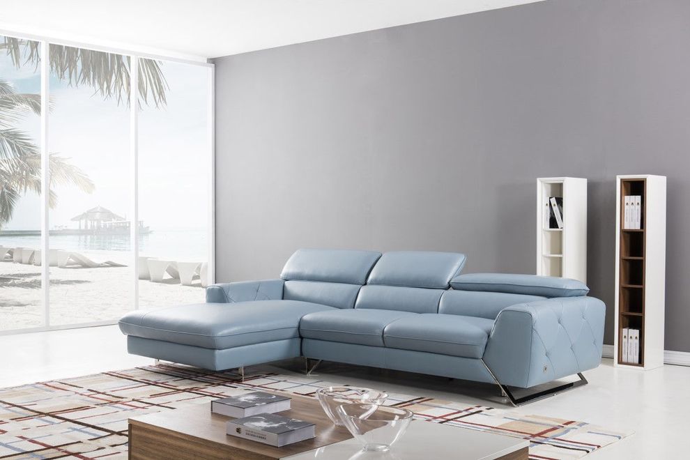 Modern low-profile sectional in aqua leather by Beverly Hills