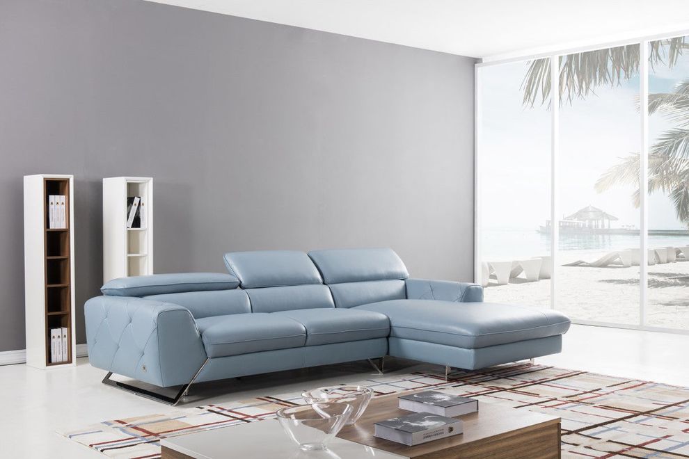 Modern low-profile sectional in aqua leather by Beverly Hills