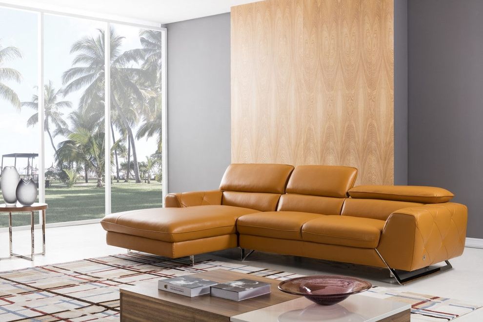 Modern low-profile left-facing sectional in pumpkin leather by Beverly Hills