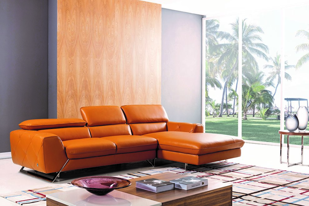 Modern low-profile sectional in pumpkin leather by Beverly Hills