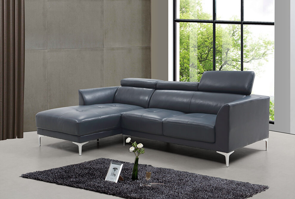 Sleek modern left-facing blue leather sectional by Beverly Hills