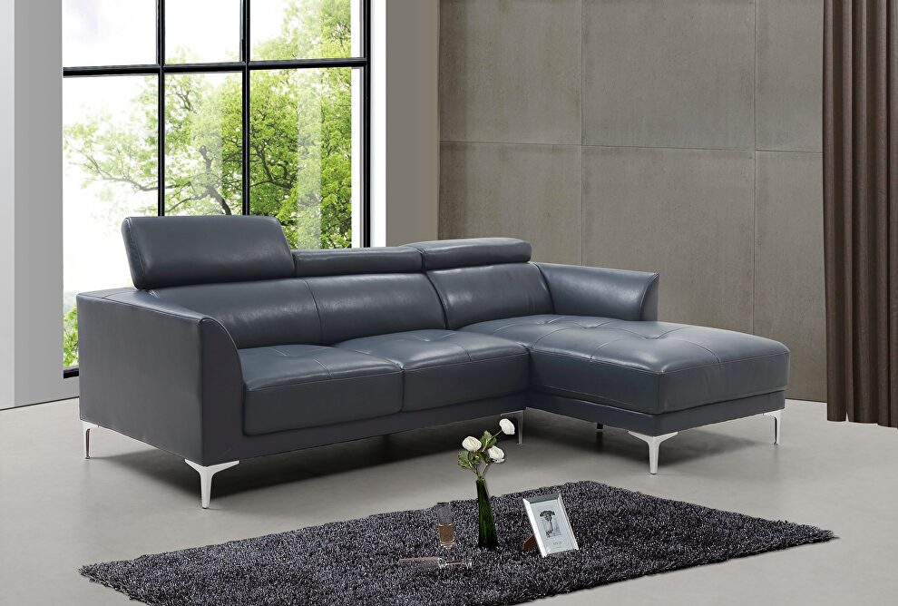 Sleek modern right-facing blue leather sectional by Beverly Hills