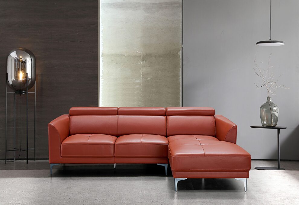 Sleek modern right-facing orange leather sectional by Beverly Hills
