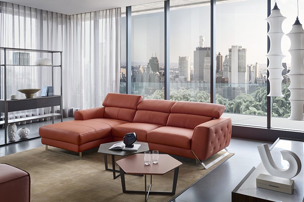 Motion headrests left-facing orange leather sectional sofa by Beverly Hills
