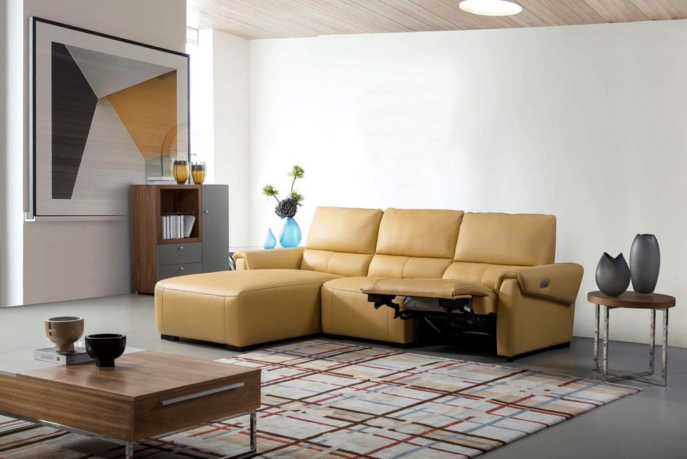 Electric recliner mustard leather sectional in left-facing shape by Beverly Hills