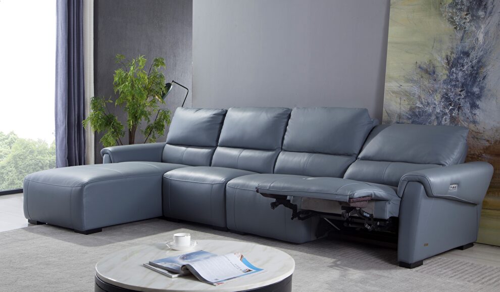 Electric recliner left-facing aqua blue gray leather sectional by Beverly Hills