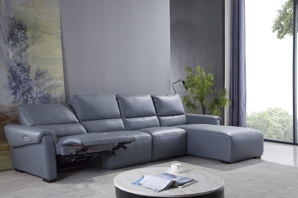 Electric recliner right-facing aqua blue gray leather sectional by Beverly Hills
