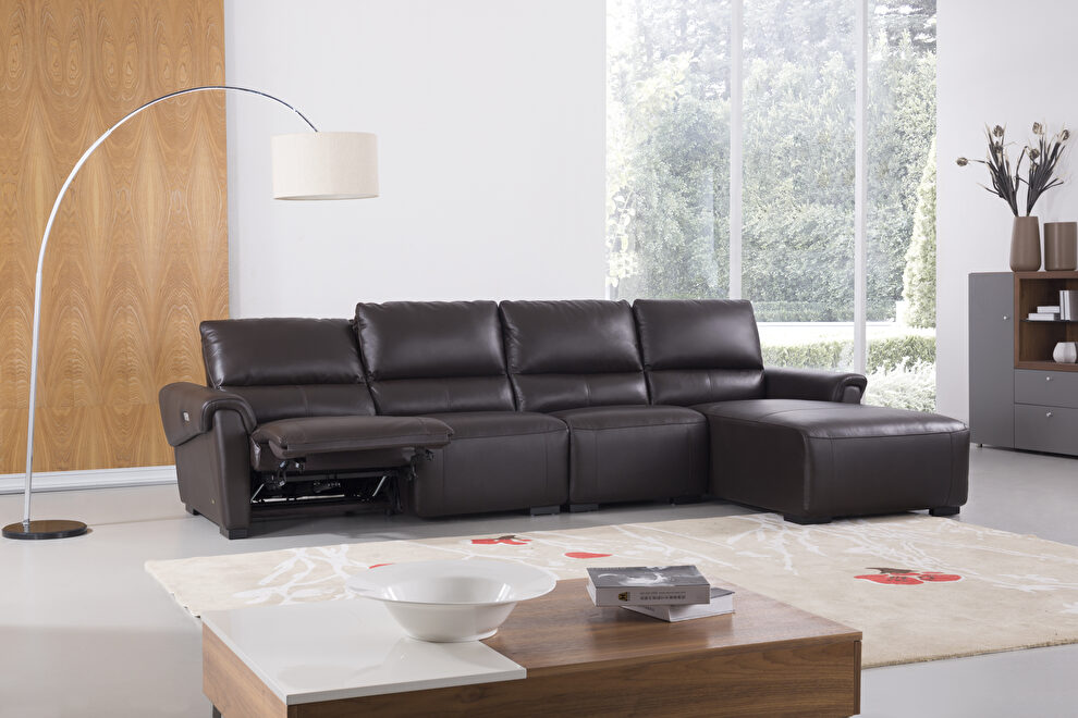 Brown electric recliner leather sectional in right-facing shape by Beverly Hills