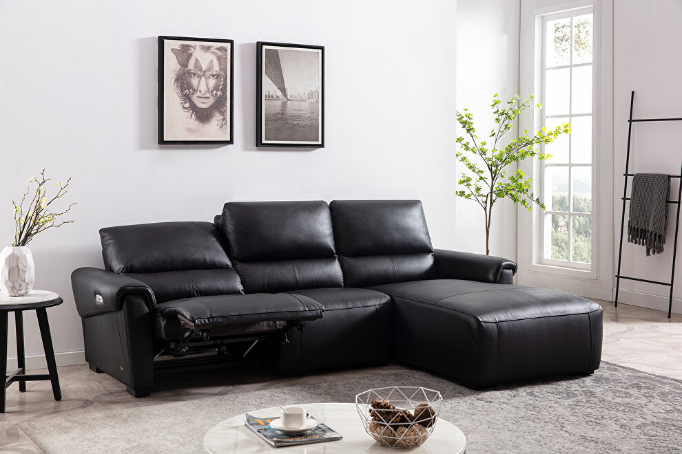 Electric recliner right-facing black leather sectional by Beverly Hills