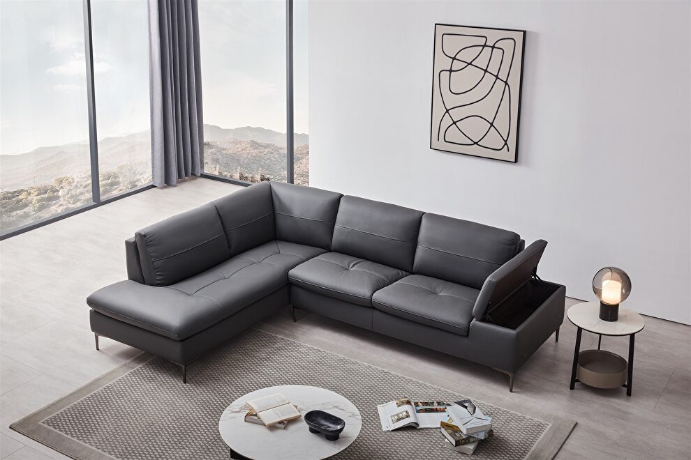 Gray leather contemporary sectional w/ low profile by Beverly Hills