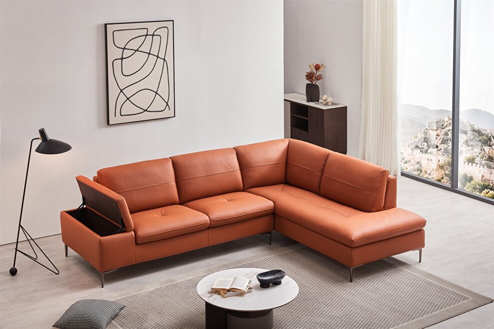 Orange leather contemporary sectional w/ low profile by Beverly Hills