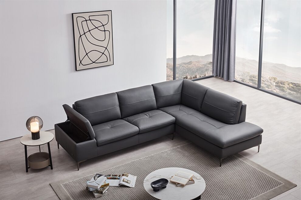 Gray leather contemporary sectional w/ low profile by Beverly Hills