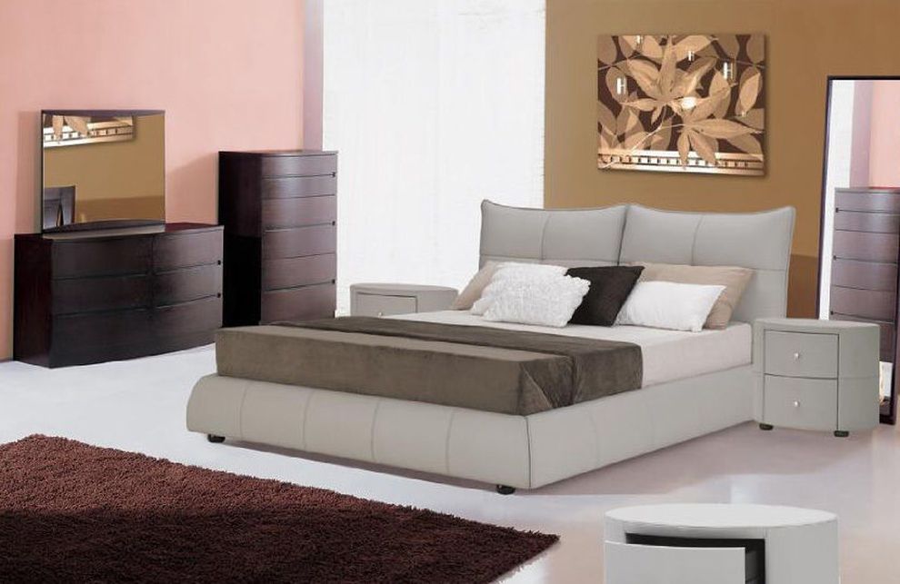 Full gray leather low profile platform bed by Beverly Hills