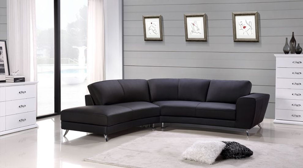 Elegant small black leather sectional sofa by Beverly Hills