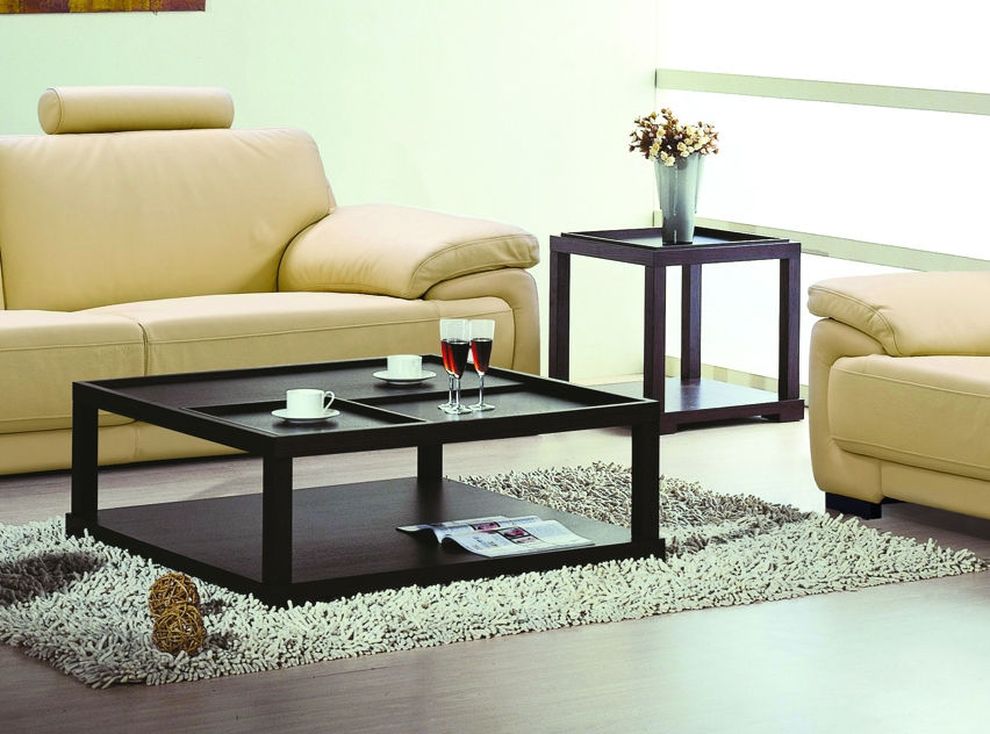 Modern low profile espresso wood coffee table by Beverly Hills