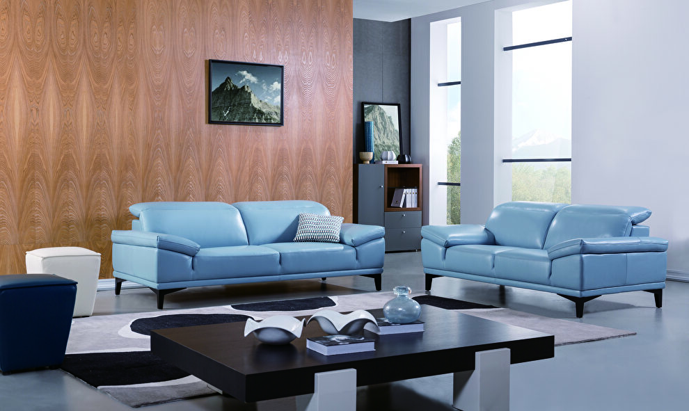 Aqua modern low-profile sofa w/ adjustable headrests by Beverly Hills