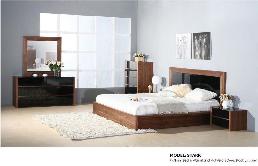 High gloss black and walnut king platform bed by Beverly Hills