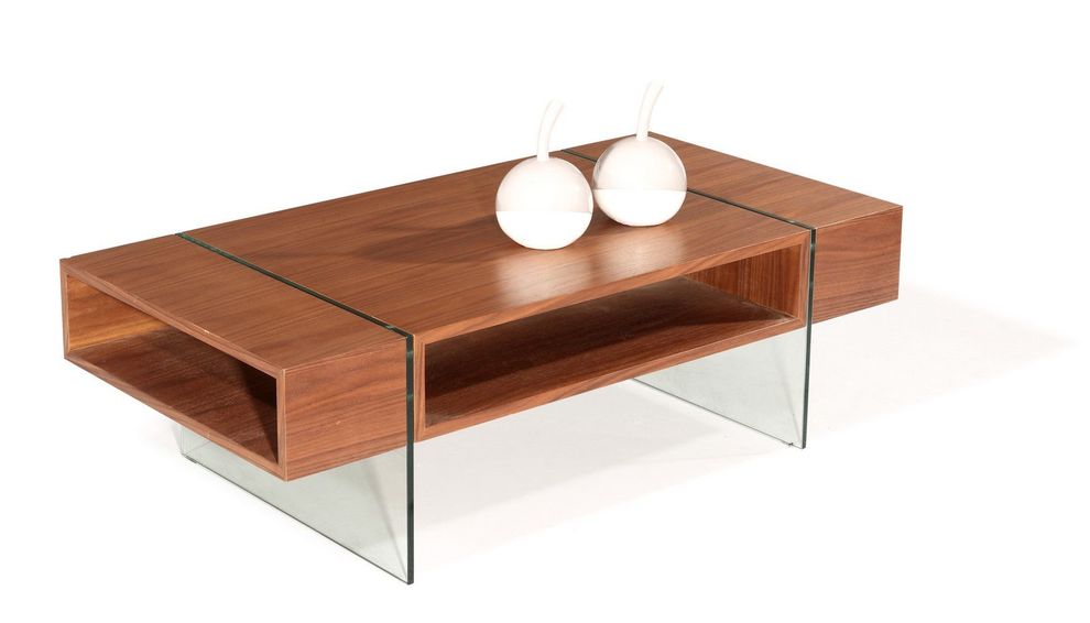 Walnut/glass legs low profile coffee table by Beverly Hills